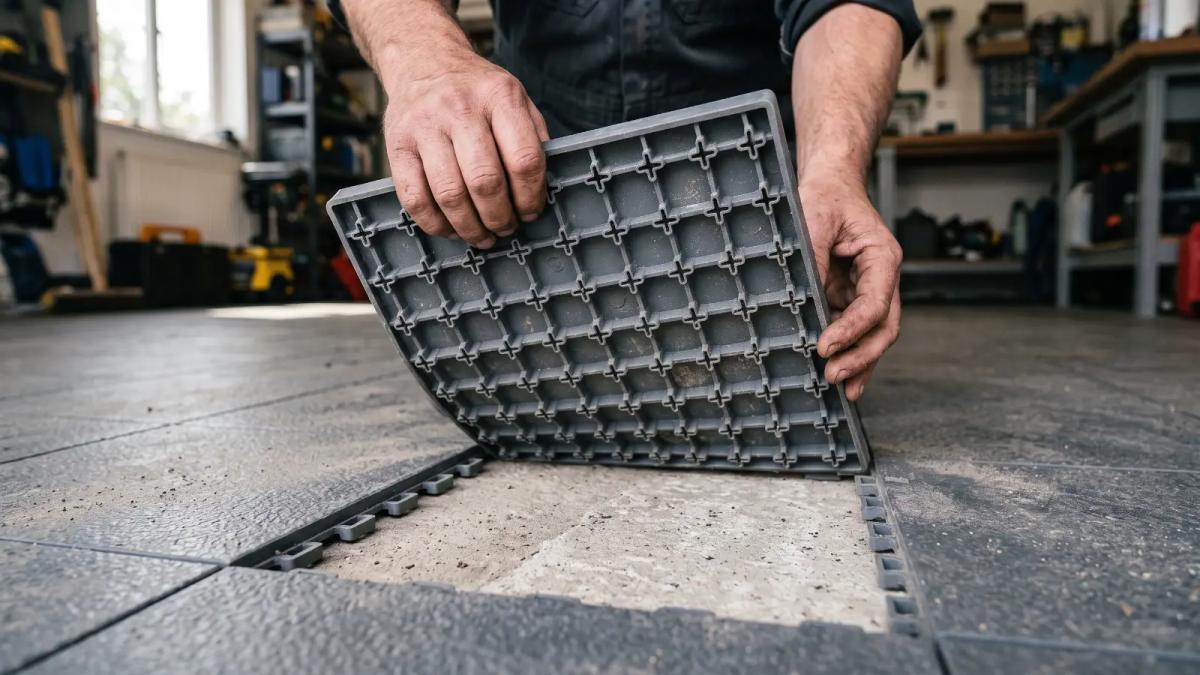 Joint ouvert et envers &agrave; croisillons d'une dalle PVC clipsable soulev&eacute;e