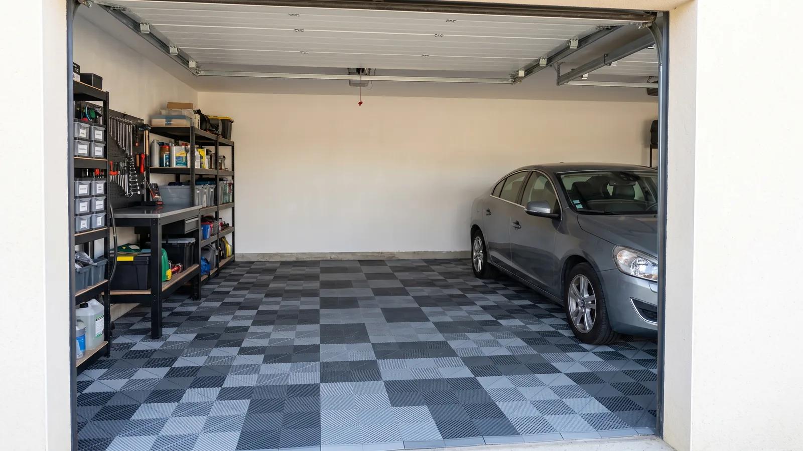 Garage r&eacute;sidentiel &eacute;quip&eacute; de dalles clipsables en damier gris et noir avec une voiture
