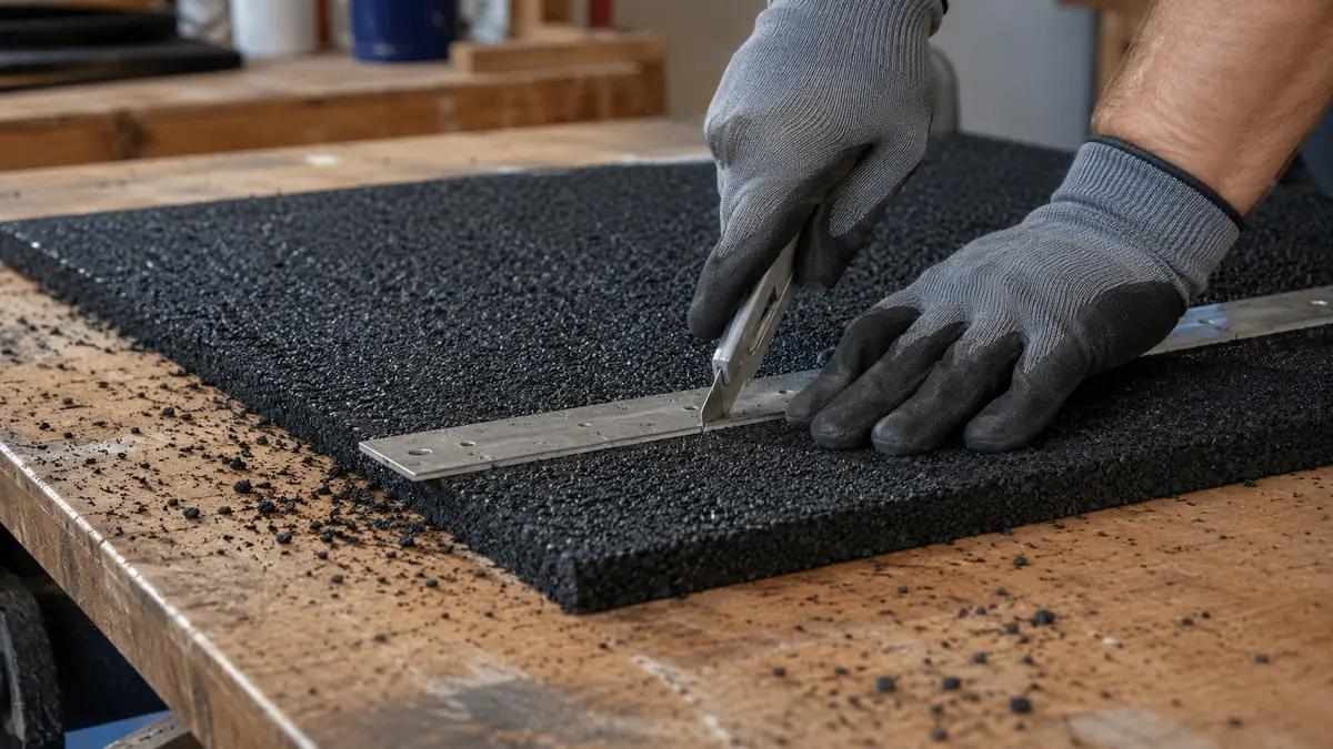 D&eacute;coupe d'une dalle amortissante en caoutchouc au cutter avec un guide