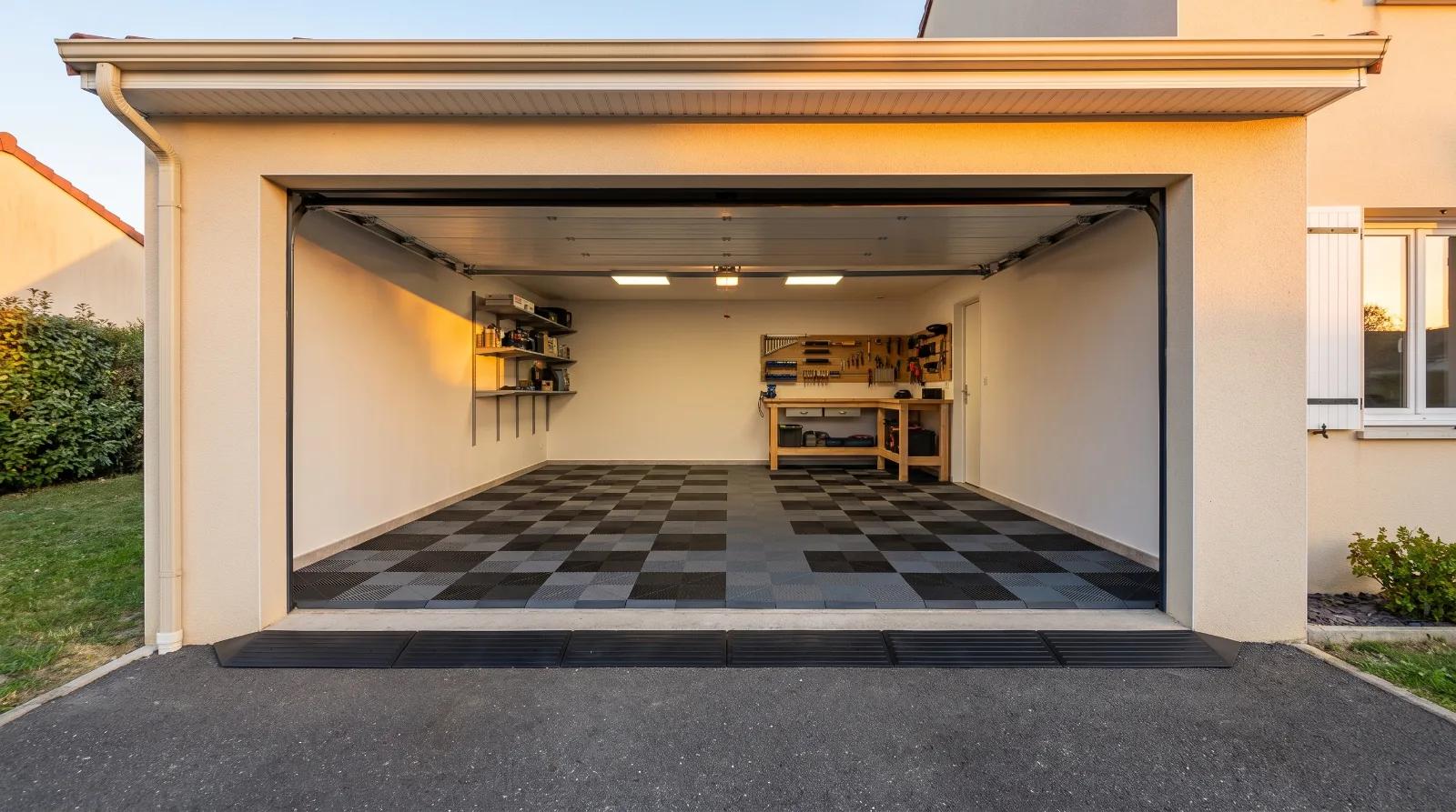 Garage fini avec un sol en dalles clipsables damier gris et noir et des bordures &agrave; l'entr&eacute;e