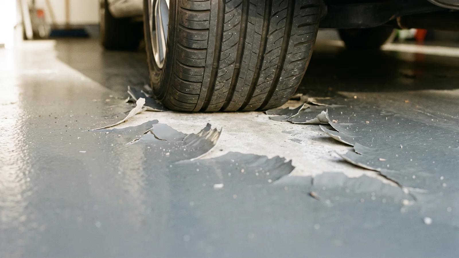 Pneu de voiture pos&eacute; sur une peinture de sol de garage &eacute;caill&eacute;e en plaques