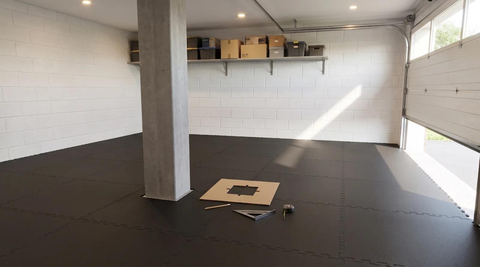 Dalles PVC d&eacute;coup&eacute;es autour d'un poteau de garage avec un jeu d'un centim&egrave;tre et un gabarit en carton