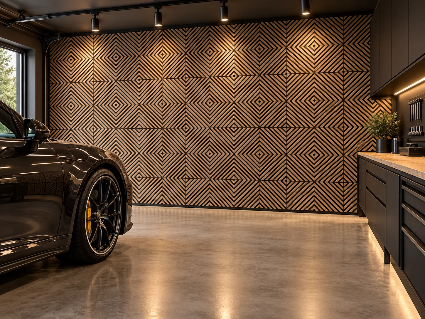 Garage haut de gamme avec revêtement mural décoratif à motif damier