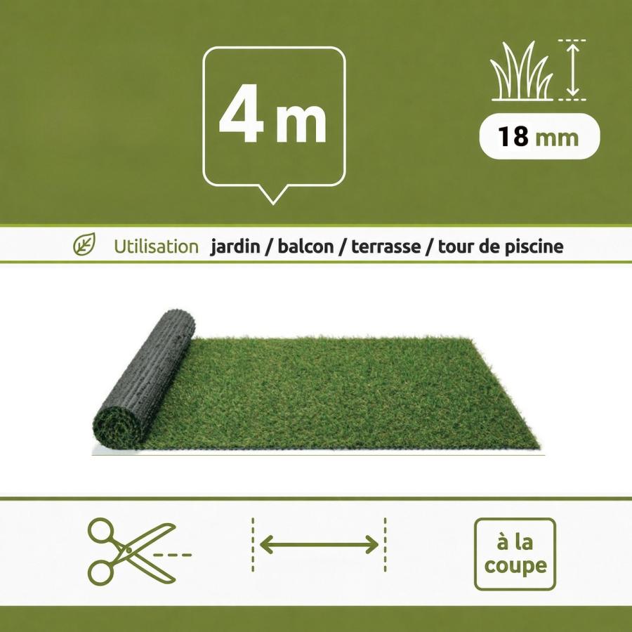 Gazon synthetique mèches longues 18 mm (largeur 4m - longueur à la coupe)