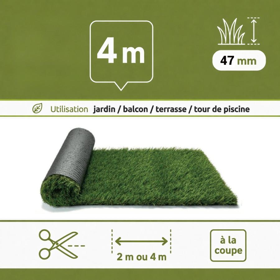Gazon synthetique mèches longues 47 mm (largeur 4m - longueur à la coupe)