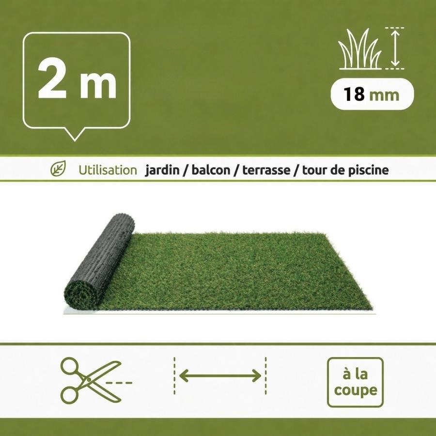 Gazon synthetique mèches longues 18 mm (largeur 2m - longueur à la coupe)