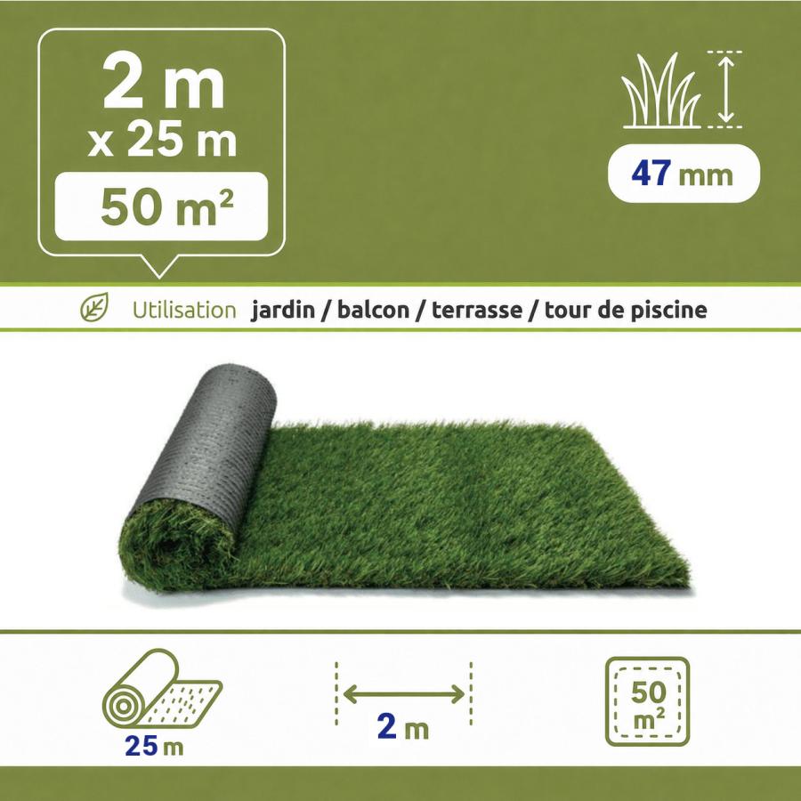 Gazon synthétique mèches longues 47 mm - rouleau 2 x 25 m