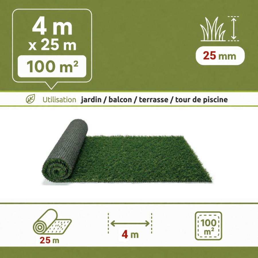 Gazon synthétique mèches longues 25 mm - rouleau 4 x 25 m