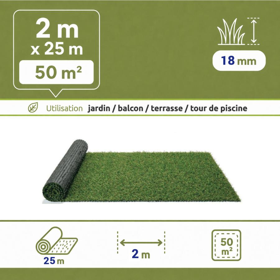Gazon synthétique mèches longues 18 mm - rouleau 2 x 25 m