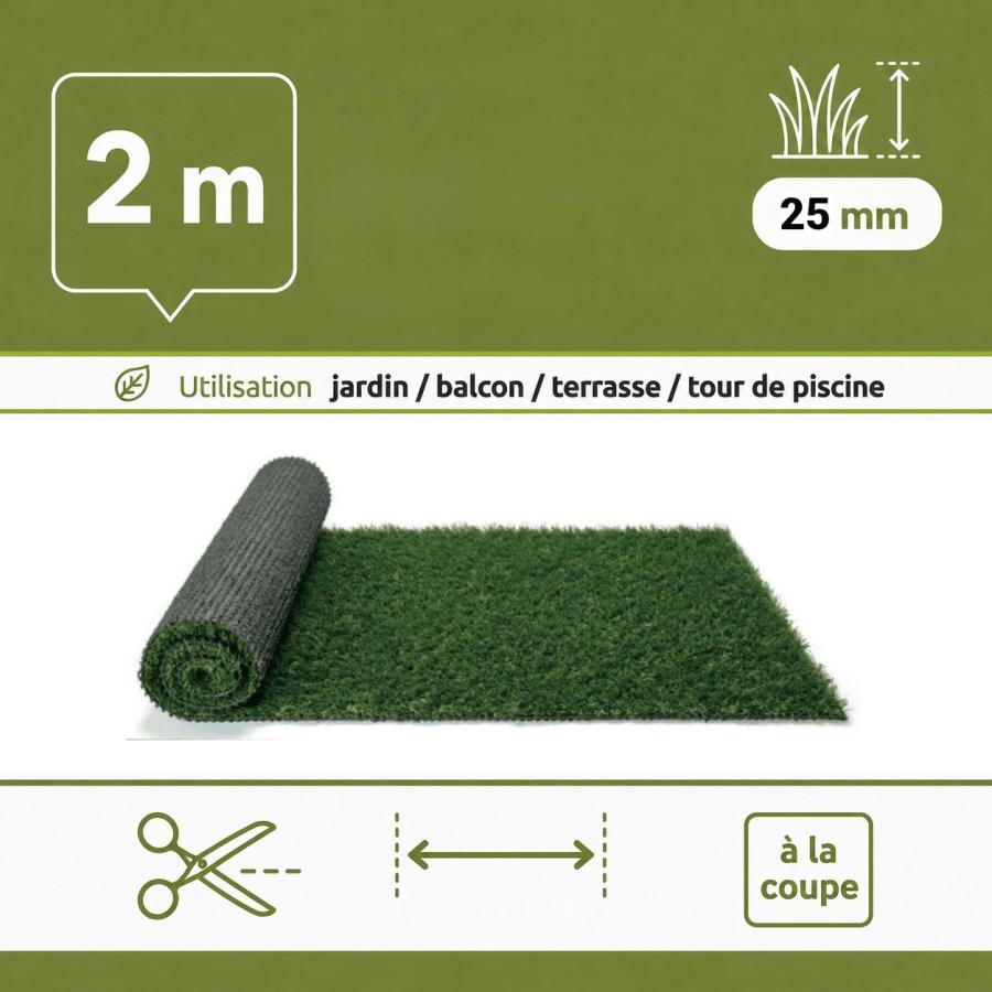 Gazon synthetique mèches longues 25 mm (largeur 2m - longueur à la coupe)