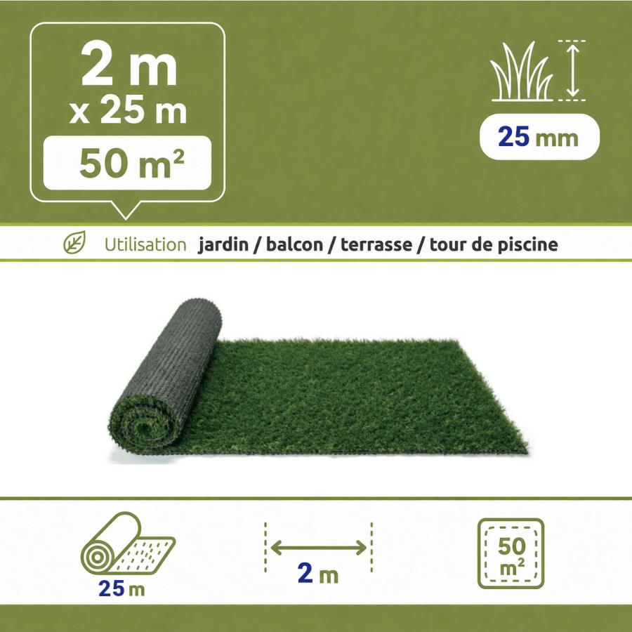 Gazon synthétique mèches longues 25 mm - rouleau 2 x 25 m