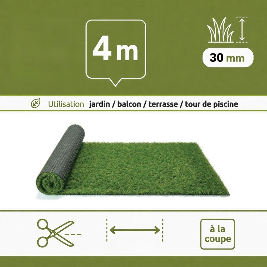 Gazon synthetique mèches longues 30 mm (largeur 4m - longueur à la coupe)
