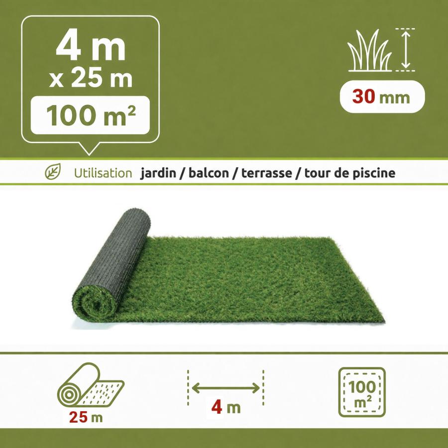Gazon synthétique mèches longues 30 mm - rouleau 4 x 25 m