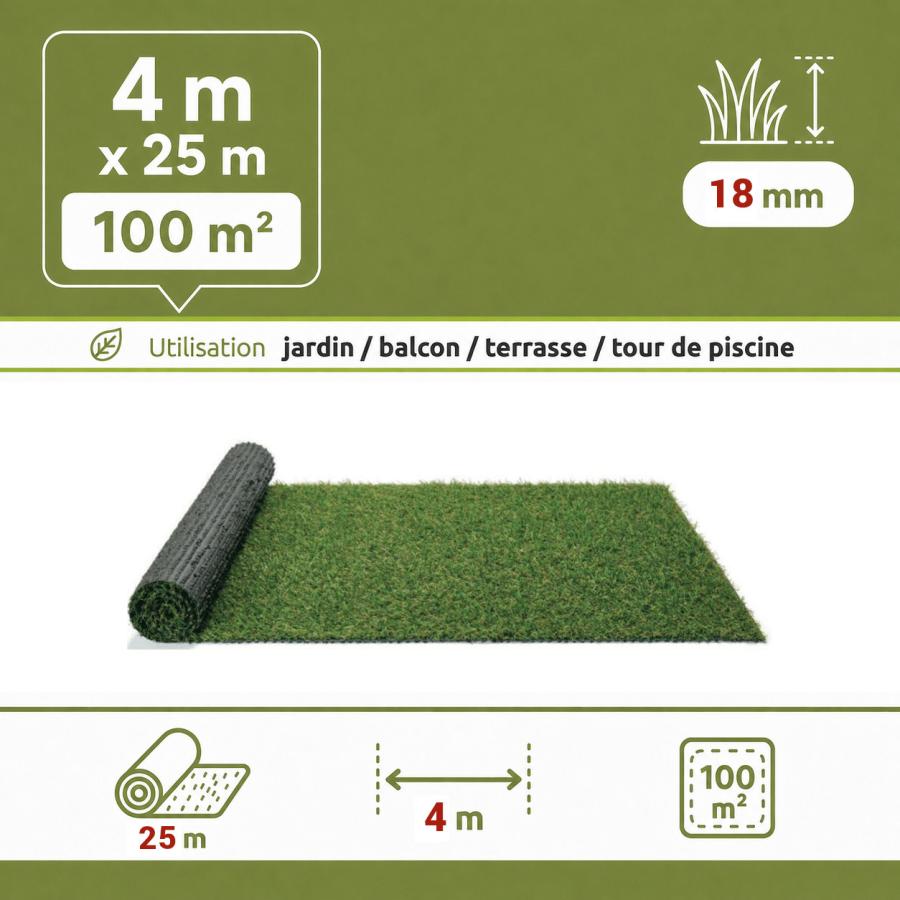 Gazon synthétique mèches longues 18 mm - rouleau 4 x 25 m
