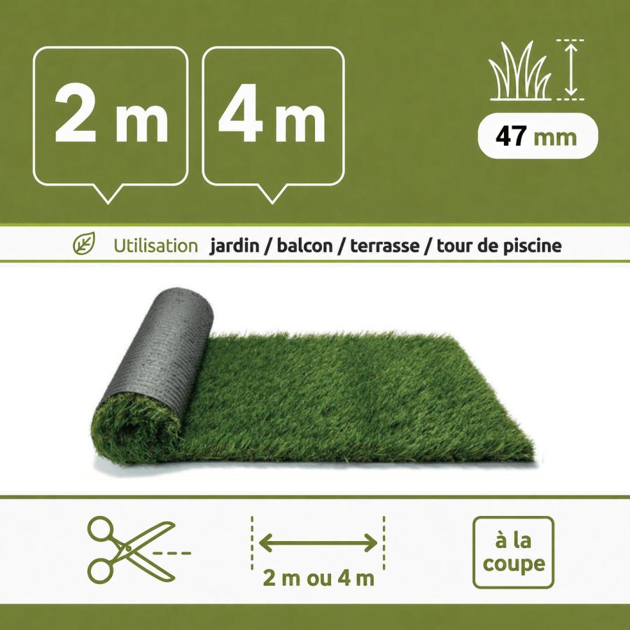 Gazon synthetique mèches longues 47 mm (à la coupe)