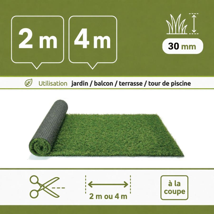 Gazon synthetique mèches longues 30 mm (à la coupe)