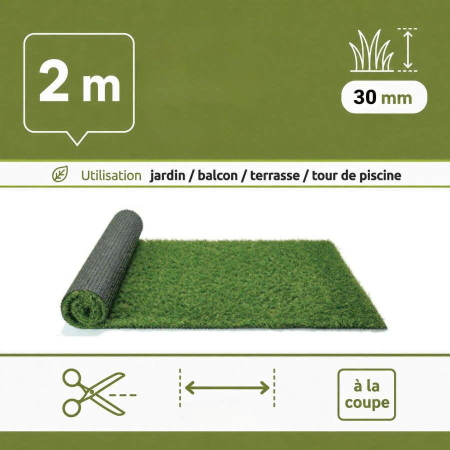 Gazon synthetique mèches longues 30 mm (largeur 2m - longueur à la coupe)