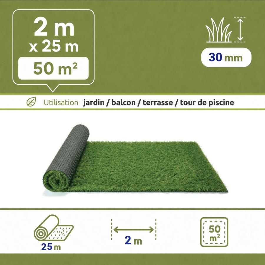 Gazon synthétique mèches longues 30 mm - rouleau 2 x 25 m