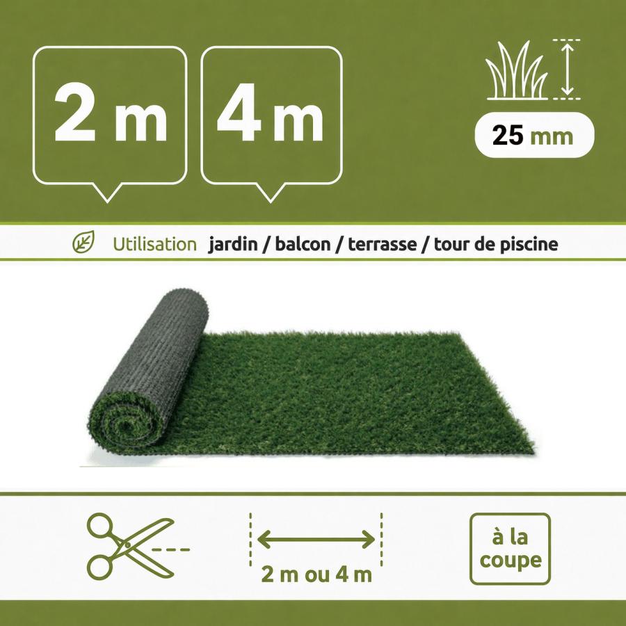 Gazon synthetique mèches longues 25 mm (à la coupe)