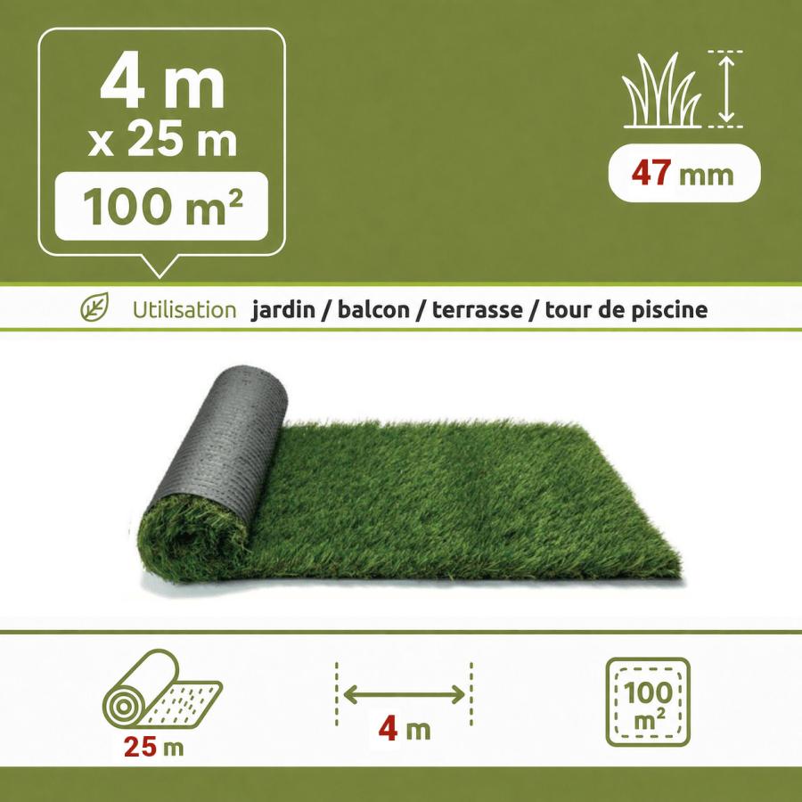 Gazon synthétique mèches longues 47 mm - rouleau 4 x 25 m