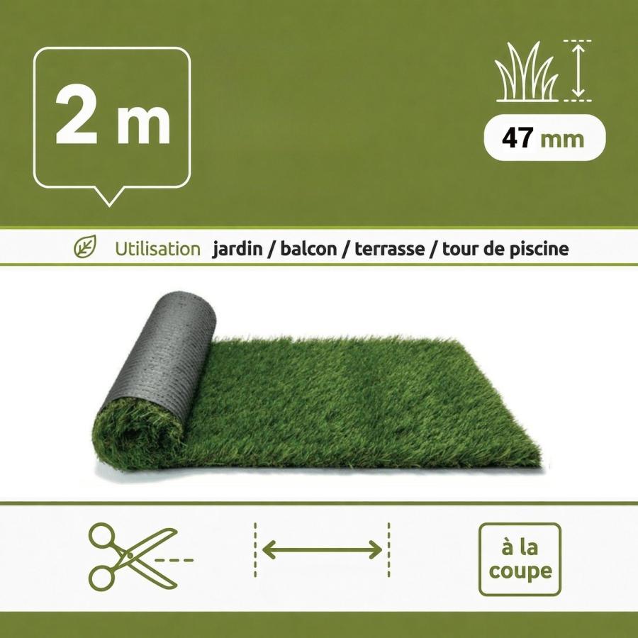 Gazon synthetique mèches longues 47 mm (largeur 2m - longueur à la coupe)