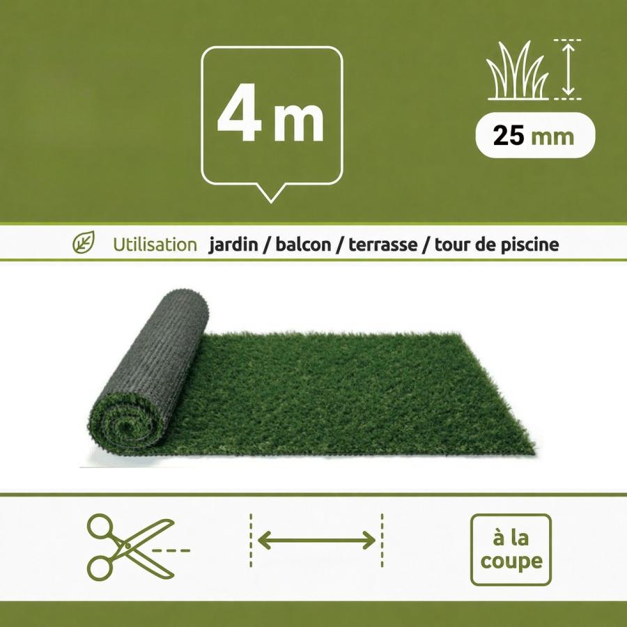 Gazon synthetique mèches longues 25 mm (largeur 4m - longueur à la coupe)