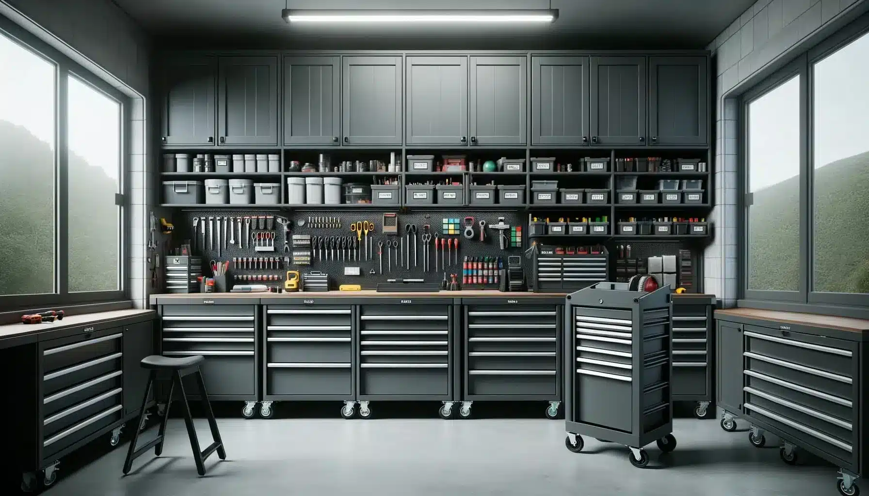Atelier organisé avec meubles de rangement adaptés
