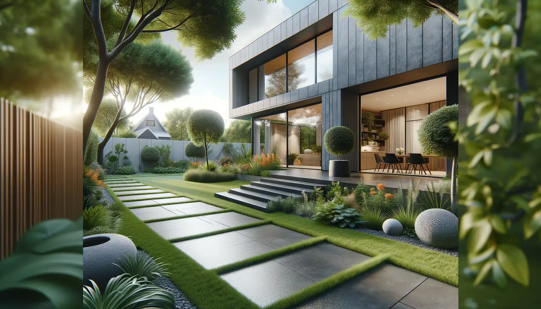 dalles extérieures en polypropylène multicolores dans un jardin moderne avec maison contemporain