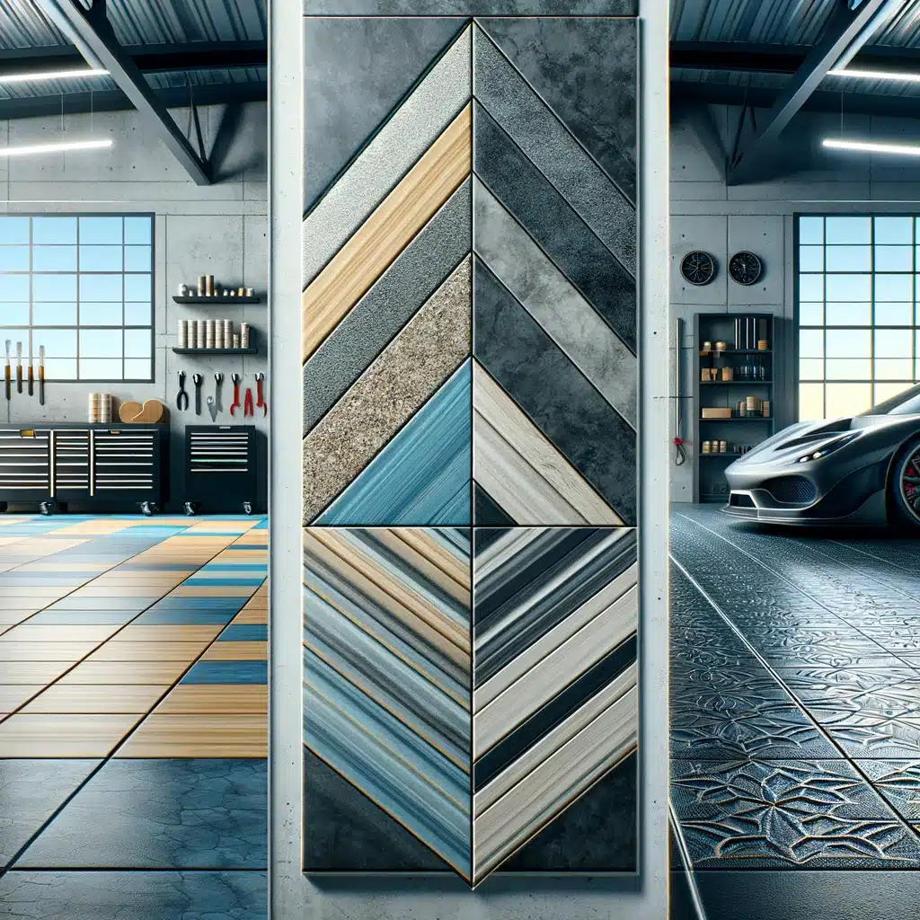 Revêtements de sol de garage en résine, dalles PVC et carrelage, disposés en forme de triangle dans un décor de garage.