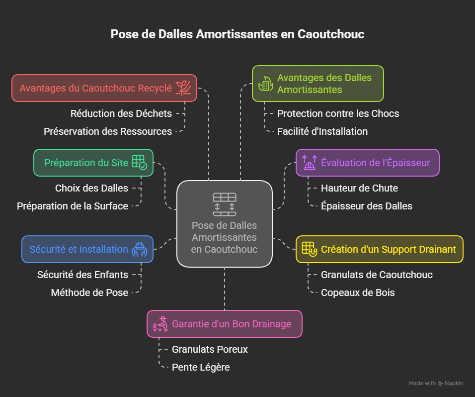 Schéma infographie montrant la pose de dalles amortissantes en caoutchouc