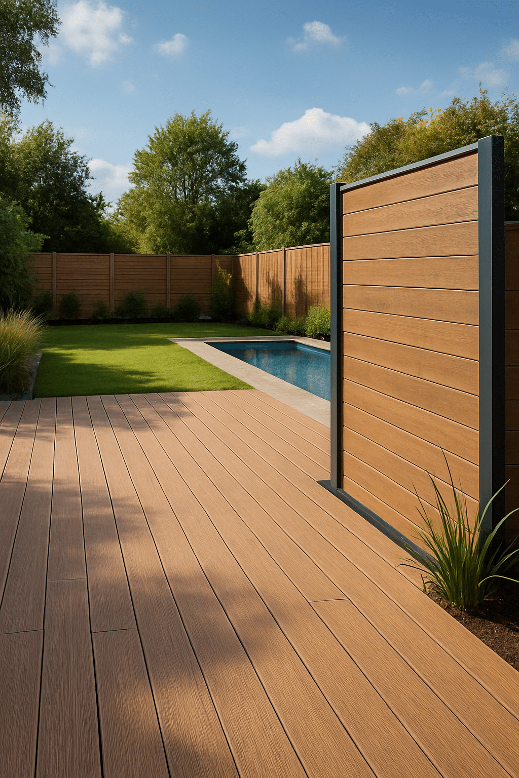 Terrasse moderne avec panneaux composites extérieurs effet bois et palissade assortie, autour d'une piscine.