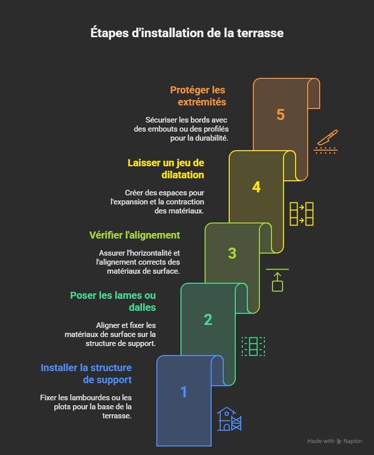 infographie comment poser une terrasse composite en 5 étapes : installer la structure de support (lambourdes ou plots), poser les dalles ou lames, vérifier l’alignement, laisser un jeu de dilatation, protéger les extrémités avec embouts ou profilés pour la durabilité.