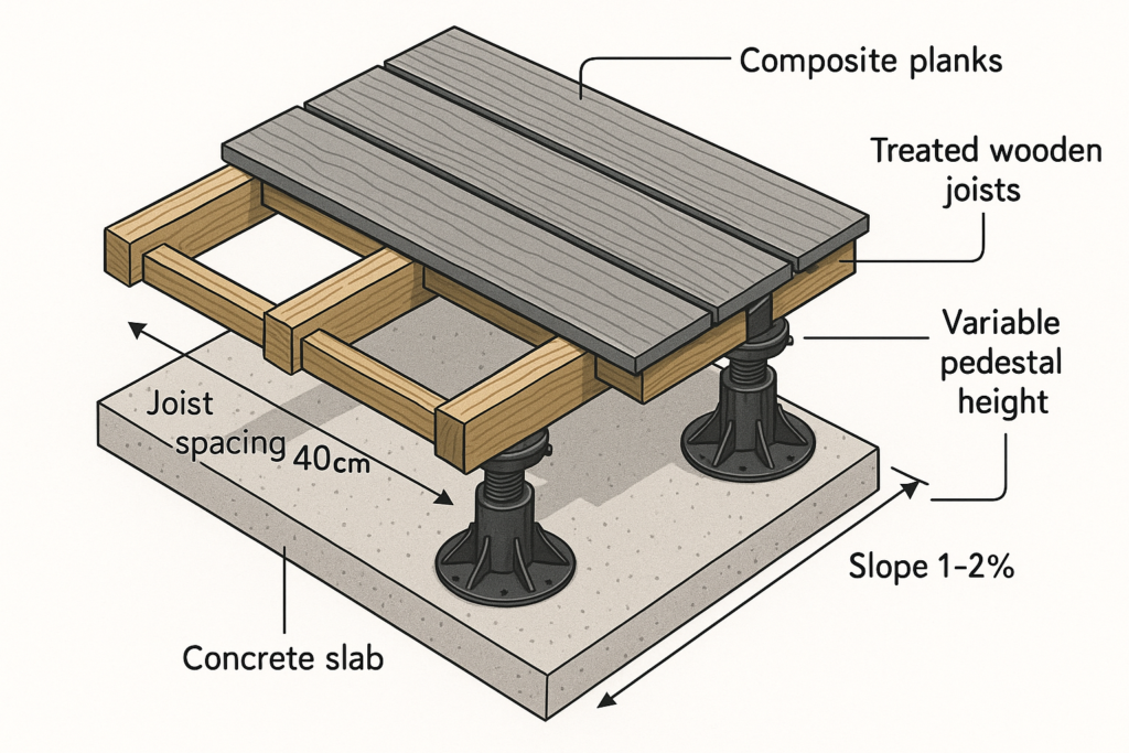 Schéma comment posé une terrasse en composite avec lambourde