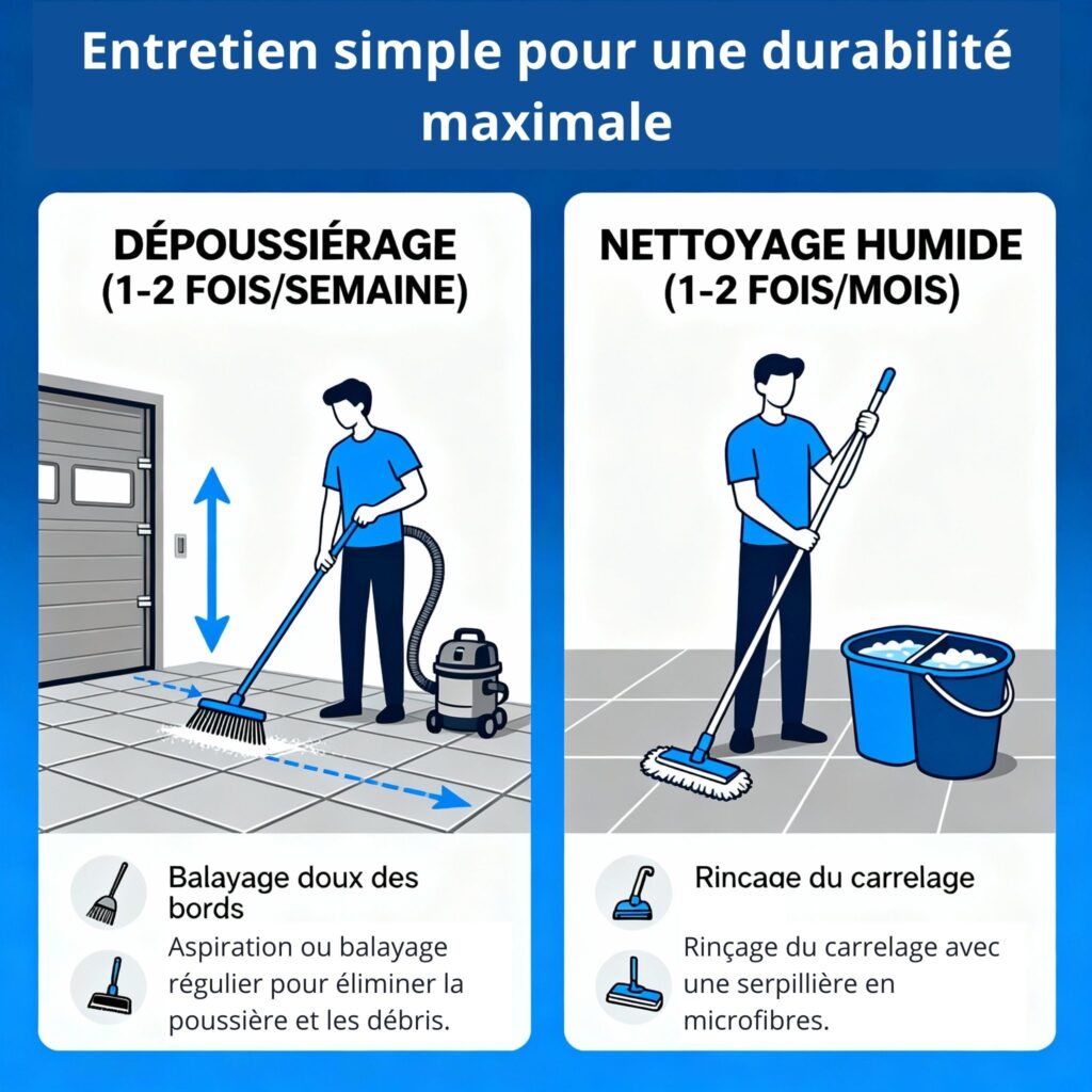 Infographie entretien dalles de sol garage : dépoussiérage et nettoyage humide pour une durabilité maximale