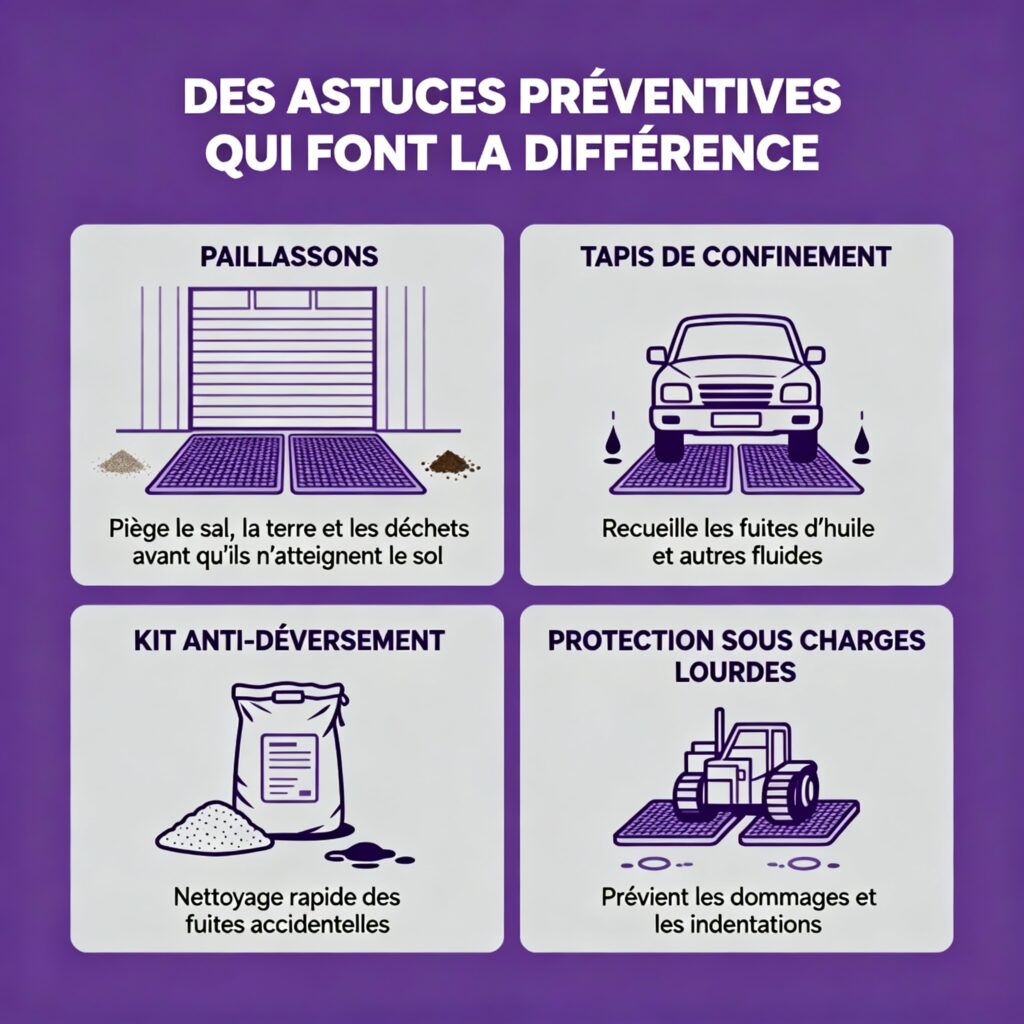 Infographie entretien préventif dalles de garage : paillassons, tapis de confinement, kit anti-déversement et protection sous charges lourdes