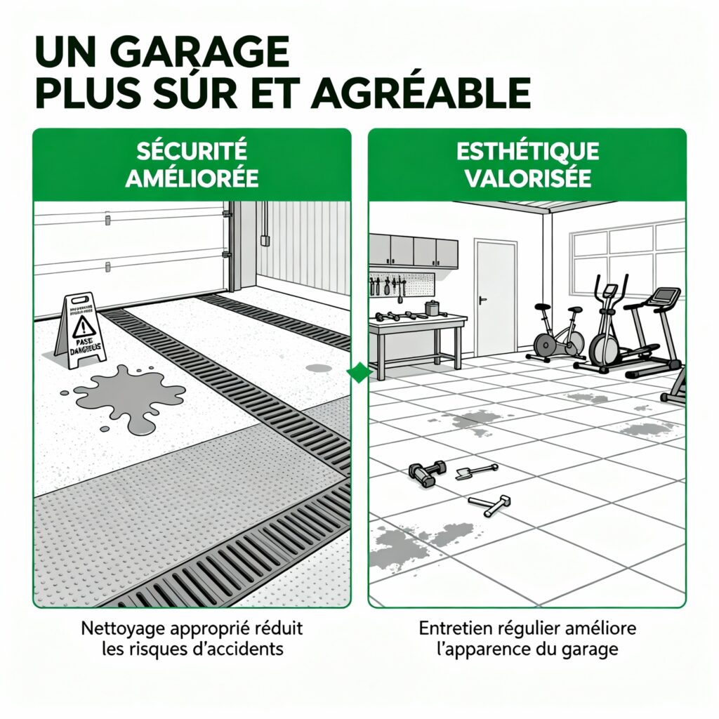 Infographie sécurité et esthétique garage : nettoyage approprié réduit les accidents et valorise l’espace