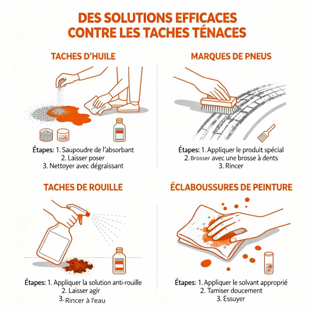 Infographie nettoyage dalles garage : méthodes contre les taches d’huile, pneus, rouille et peinture