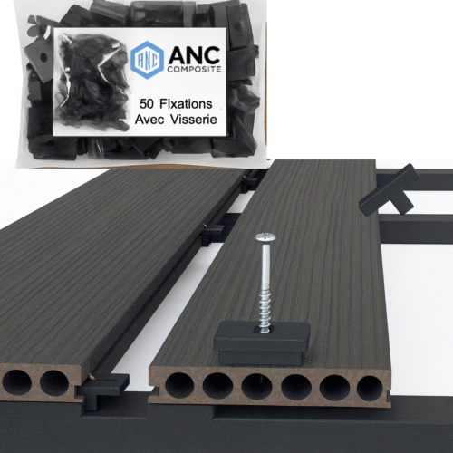 Sachet de 50 fixations ANC Composite avec visserie pour lames de terrasse composite, clips de pose sur lambourde avec vis inox incluses.