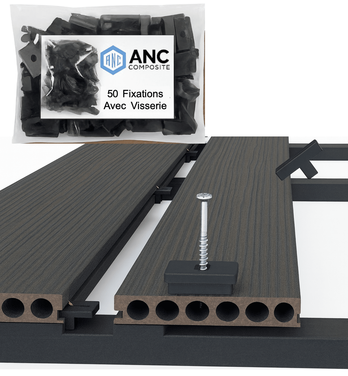 Sachet de 50 fixations ANC Composite avec visserie pour lames de terrasse composite, clips de pose sur lambourde avec vis inox incluses.