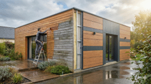 Homme appliquant un traitement sur un bardage bois ou composite de maison moderne, soulignant la rénovation et l&#039;entretien.