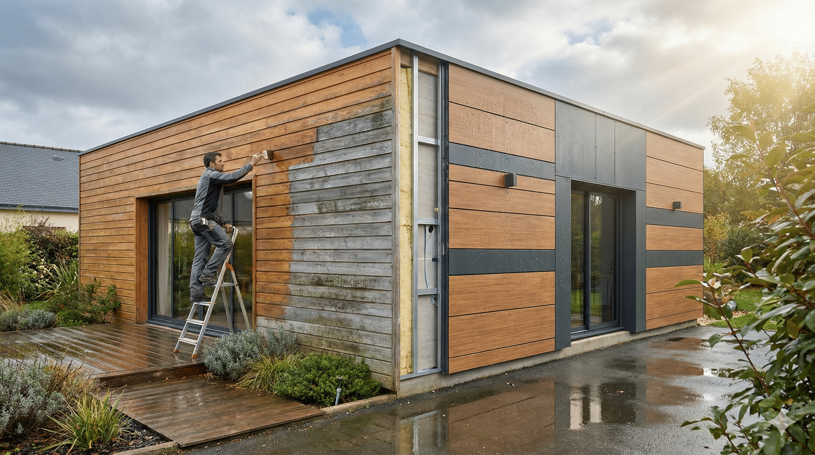 Homme appliquant un traitement sur un bardage bois ou composite de maison moderne, soulignant la rénovation et l'entretien.