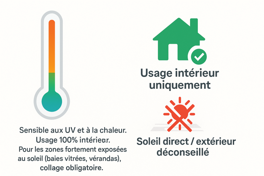 Infographie montrant que les dalles PVC sont réservées à un usage intérieur et sensibles au soleil et à la chaleur