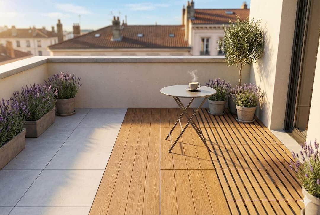 Balcon moderne avec un revêtement sol balcon extérieur mixte en dalles de bois et carrelage gris, agrémenté de plantes de lavande et d'un olivier, sous un ciel ensoleillé.