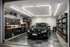 Un garage r&eacute;sidentiel impeccable avec un &eacute;clairage LED puissant, montrant comment &eacute;clairer son garage pour une visibilit&eacute; optimale et un espace de travail fonctionnel.