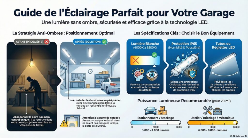 Guide complet sur comment &eacute;clairer son garage avec la technologie LED pour une lumi&egrave;re sans ombre, s&eacute;curis&eacute;e et efficace.