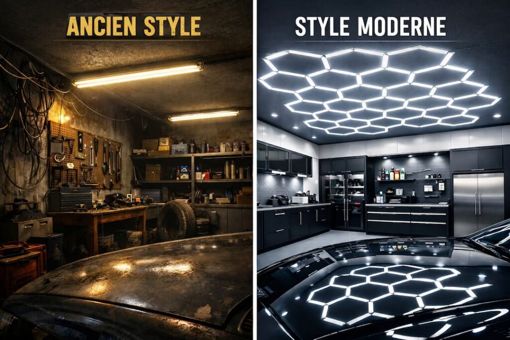 L'Impact de l'&Eacute;clairage : Comparatif Garage Classique vs LED Hexagonales, montrant une transformation spectaculaire entre un garage ancien et un garage moderne et lumineux.