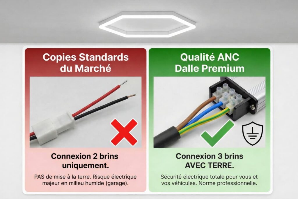 Comparatif-securite-led-garage-3-brins-terre-vs-standard: la connexion ANC Dalle Premium 3 brins avec terre assure une s&eacute;curit&eacute; &eacute;lectrique sup&eacute;rieure aux copies standard 2 brins.