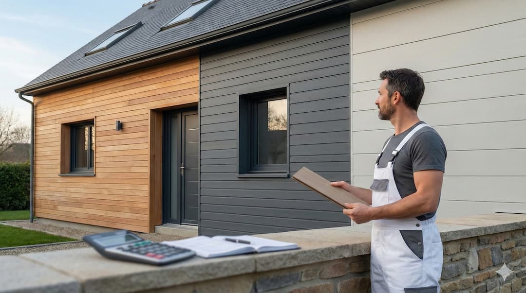 Un homme en salopette examine un échantillon de bardage devant une maison moderne pour estimer le Prix d'un bardage exterieur.