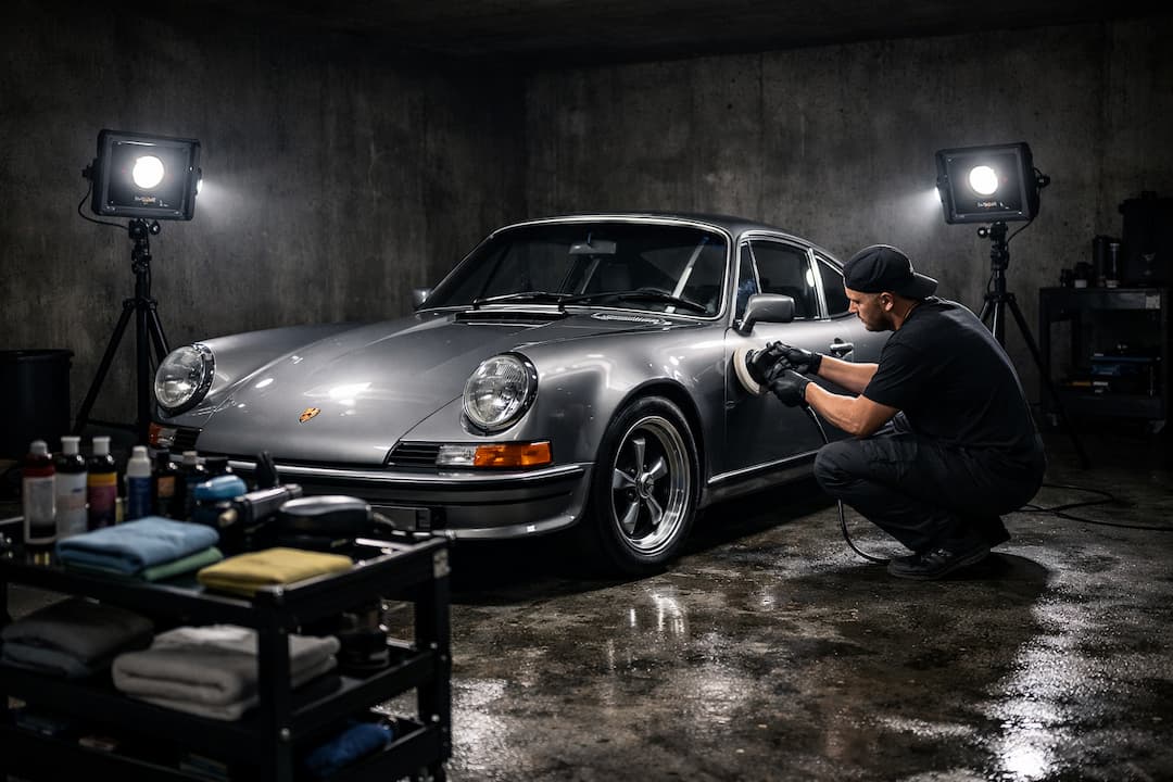 Détailleur automobile polissant une Porsche classique dans un Garage sans électricité: Éclairage LED autonome sur batterie pour un polissage de carrosserie.
