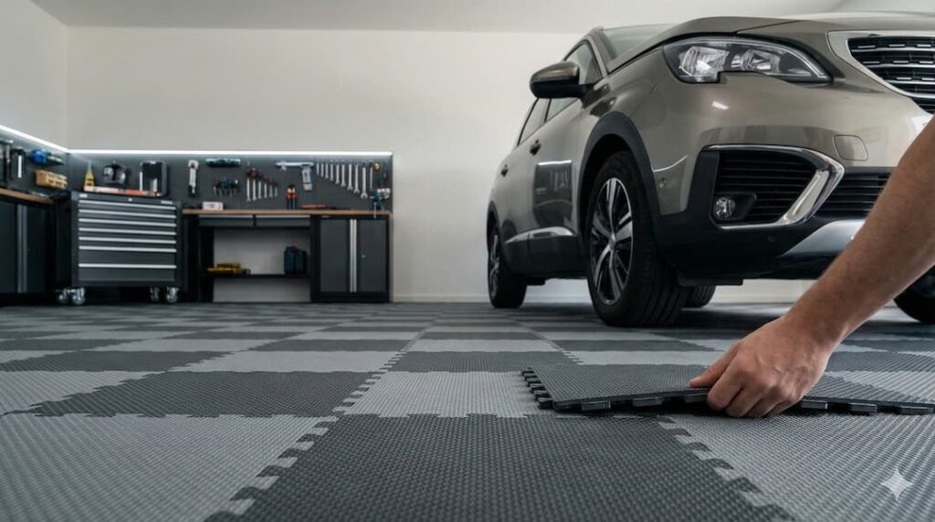 Comparatif dalle PVC garage et pro : quelle gamme ANC choisir en 2026 ? Installation de dalles de sol PVC modulaires dans un garage moderne avec voiture et établi.